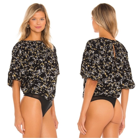 Free People • Dessa Bodysuit blouse black floral pleated yellow white flowers - Picture 13 of 16